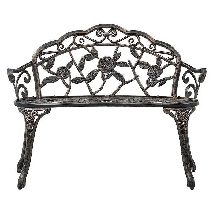 Furnicato Gartenbank Aluminiumguss Bronzefarben - B x T x H: 54 x 100 x 80 cm, Bronzefarben - Bronzefarbene Metallgartenbank mit dekorativem Rosen- und Blattmotiv an Rückenlehne und Beinen.