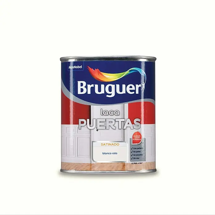 Bruguer Esmalte blanco para puertas - Blanco roto, 750 ml, Satinado - Imagen de una lata de pintura de laca Bruguer para puertas, blanco satinado, para un acabado perfecto, antigoteo, que no amarillea y sin olor.