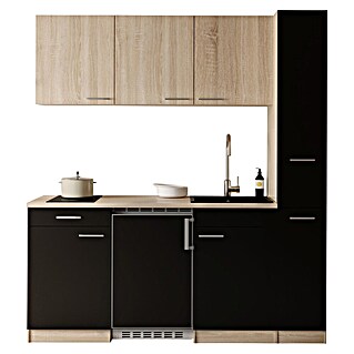 Respekta Küchenzeile Ingrid (Breite: 180 cm, Schwarz, Mit Kochfeld + Kühlschrank)