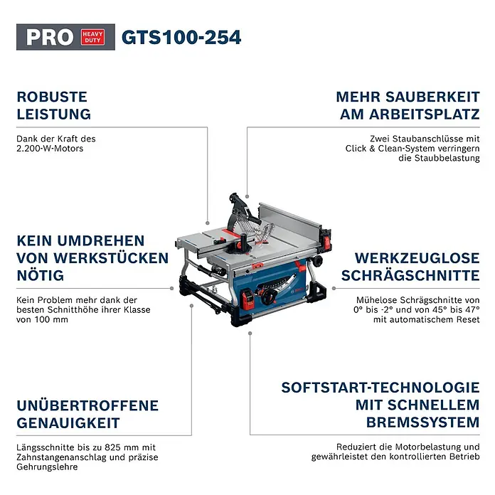 Bosch Professional Tischkreissäge GTS100-254 - 2.200 W, Durchmesser Sägeblatt: 254 mm, Schnitttiefe bei 90 °: 100 mm - Blaue, schwarze und silberne Bosch GTS100-254 Tischkreissäge, ein leistungsstarkes Profi-Elektrowerkzeug für präzises Schneiden.