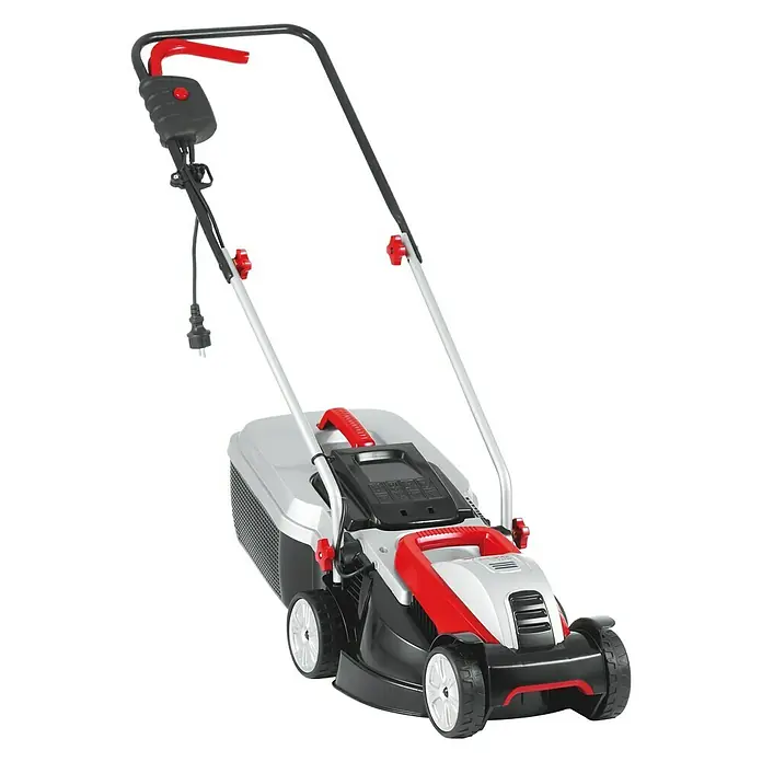 AL-KO Classic Elektro-Rasenmäher 3.22 SE - 1.000 W, Schnittbreite: 32 cm - Elektrorasenmäher mit rotem und silbernem Design. Das Gerät ist mit einem Fangkorb ausgestattet und wird mit Strom betrieben für Rasenpflege.