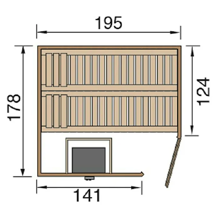 Weka Massivholzsauna Turku 1 GT Sparset - Bioofen, Steuerung Ofen: Extern, Ohne Fenster, L x B x H: 178 x 195 x 205 cm - Draufsicht auf eine Sauna mit Maßen, die ihre Größe und den Aufbau des Innenraums verdeutlichen.