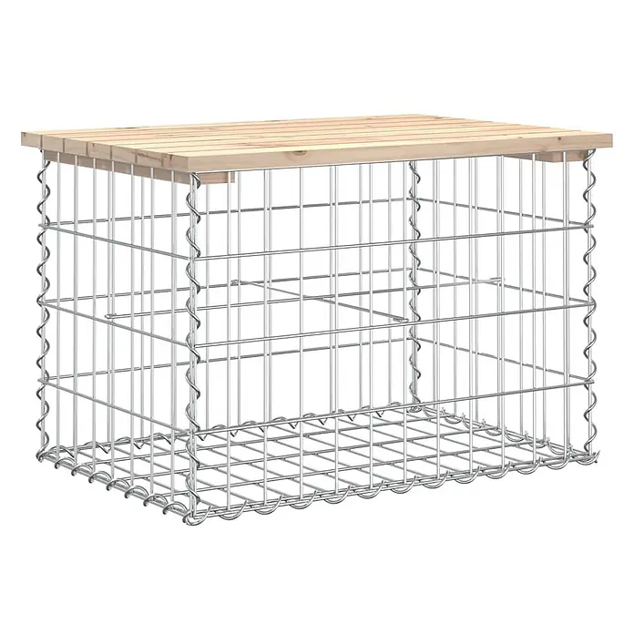 Furnicato Gartenbank Kiefernholz - B x T x H: 63 x 44 x 42 cm, Natürliche Kiefer - Rechteckiger Gabionenkorb aus silbernem Drahtgeflecht mit einer hellen Holzlattenplatte.