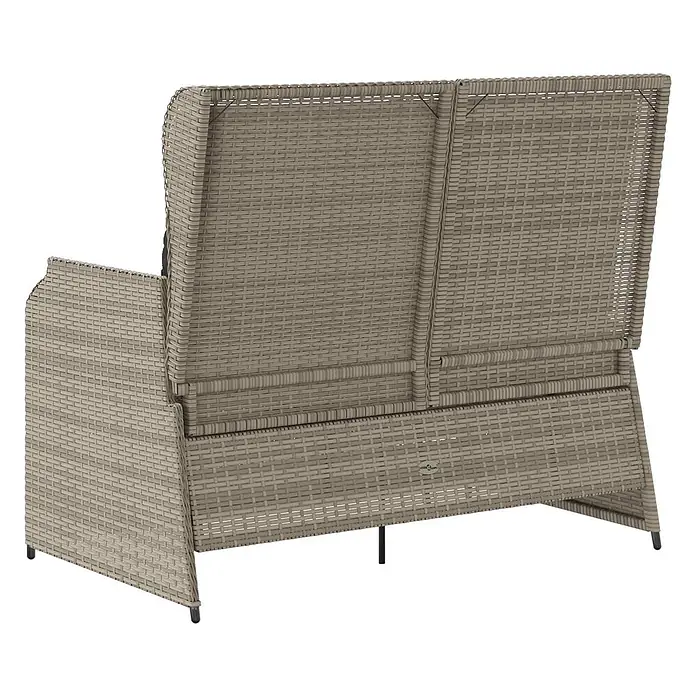 Furnicato Gartenbank - Hellgrau - Hellbraunes Rattan-ähnliches Zweisitzer-Gartensofa, von hinten und der Seite gezeigt.