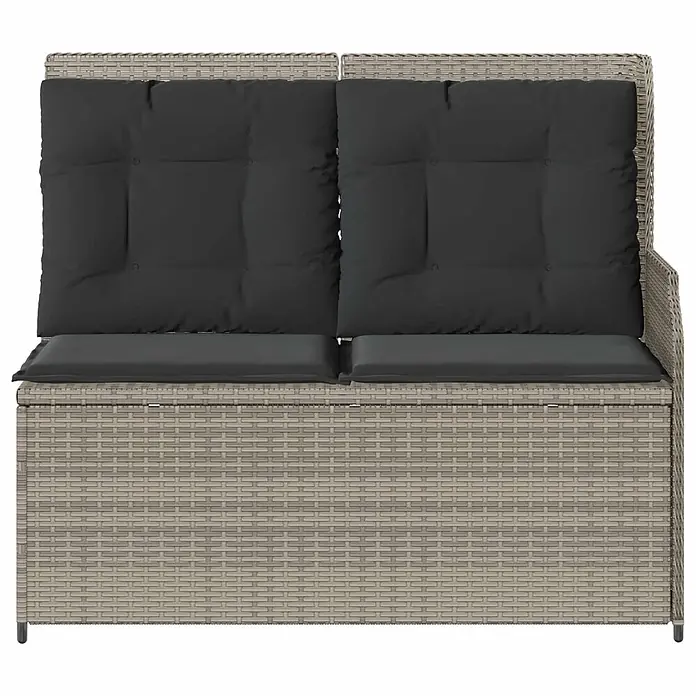 Furnicato Gartenbank - Hellgrau - Hellgraue 2-Sitzer Rattan-Look Outdoor-Sitzbank mit Stauraum und dunkelgrauen Kissen.