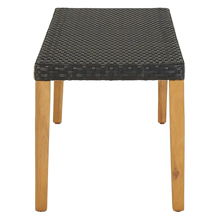 Furnicato Gartenbank - Schwarz - Rechteckiger Outdoor-Tisch mit dunkelgrauer, geflochtener Platte und vier hellbraunen Holzbeinen.