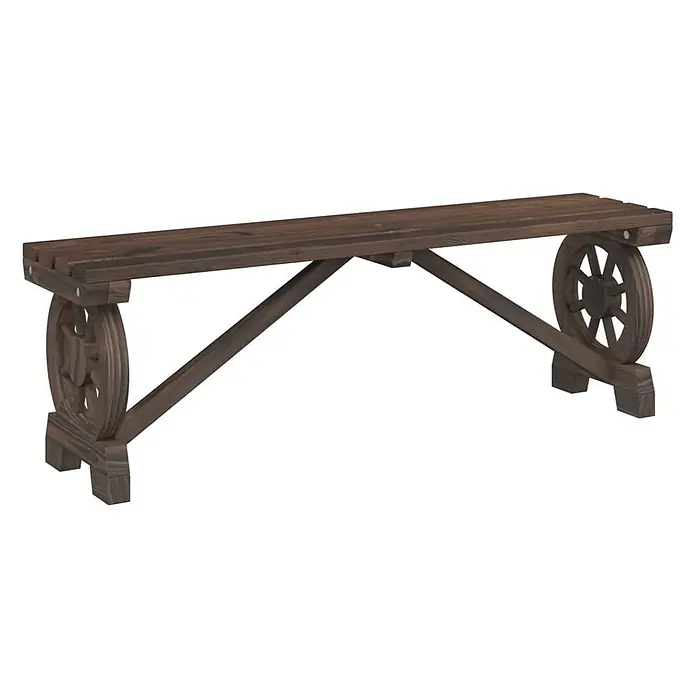 Furnicato Gartenbank Tannen-Massivholz gebrannt - B x T x H: 115 x 28 x 39,5 cm, Dunkelbraun - Dunkelbraune Gartenbank aus Holz mit Rädern im Wagenrad-Stil und Lattenrostsitzfläche.