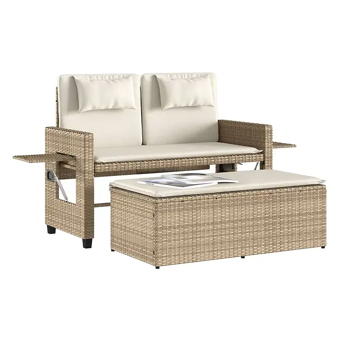 Furnicato Gartenbank PE-Rattan - B x T x H: 122 x 102 x 60 cm, Beige und Creme - Beiges Rattan-Gartensofa mit ausziehbaren Tischen und passender Ottomane mit cremefarbenen Kissen.