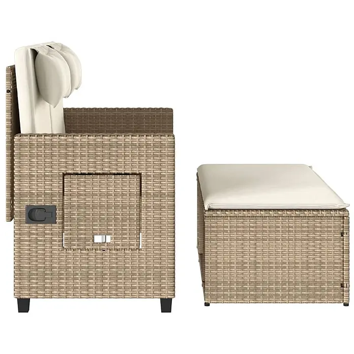 Furnicato Gartenbank PE-Rattan - B x T x H: 122 x 102 x 60 cm, Beige und Creme - Helles Rattan-Gartensessel mit cremefarbenen Kissen und Seitenfach, plus passender Ottomane.