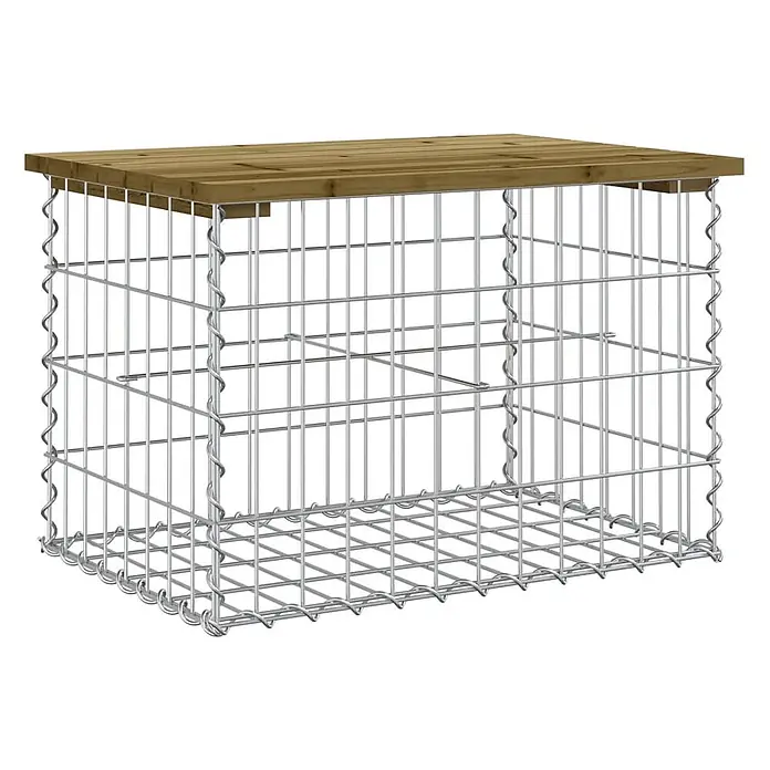 Furnicato Gartenbank Kiefernholz imprägniert - B x T x H: 63 x 44 x 42 cm, Imprägniertes Kiefernholz - Gabionenbehälter aus Metall mit einer braunen Holzplatte.