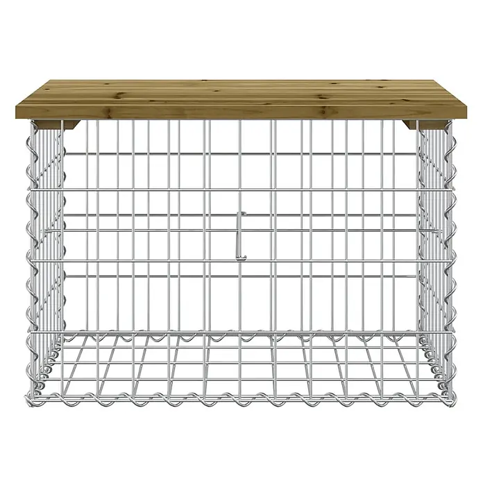 Furnicato Gartenbank Kiefernholz imprägniert - B x T x H: 63 x 44 x 42 cm, Imprägniertes Kiefernholz - Gabionenkorb aus silbernem Drahtgeflecht mit brauner Holzplatte, geeignet als Gartentisch- oder Bankgestell.
