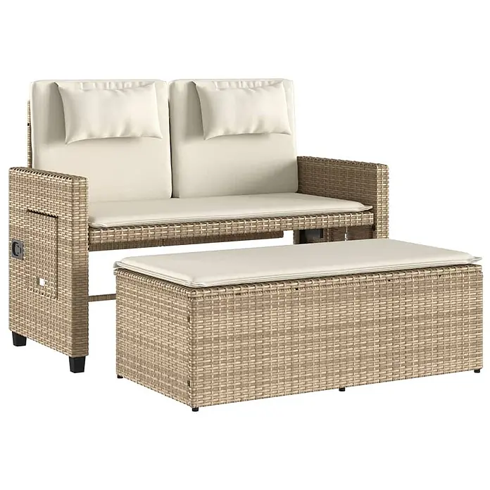 Furnicato Gartenbank PE-Rattan - B x T x H: 122 x 102 x 60 cm, Beige und Creme - Helles Rattan-Stil Outdoor-Sofa mit cremefarbenen Kissen und passender langer Aufbewahrungsbank.