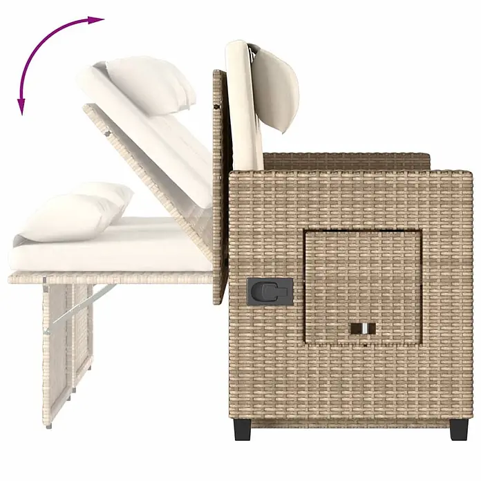 Furnicato Gartenbank - B x T x H: 122 x 102 x 60 cm, Beige und Creme - Verstellbare beige Rattan-Sonnenliege mit cremefarbenen Kissen, in ausgefahrener Position gezeigt.