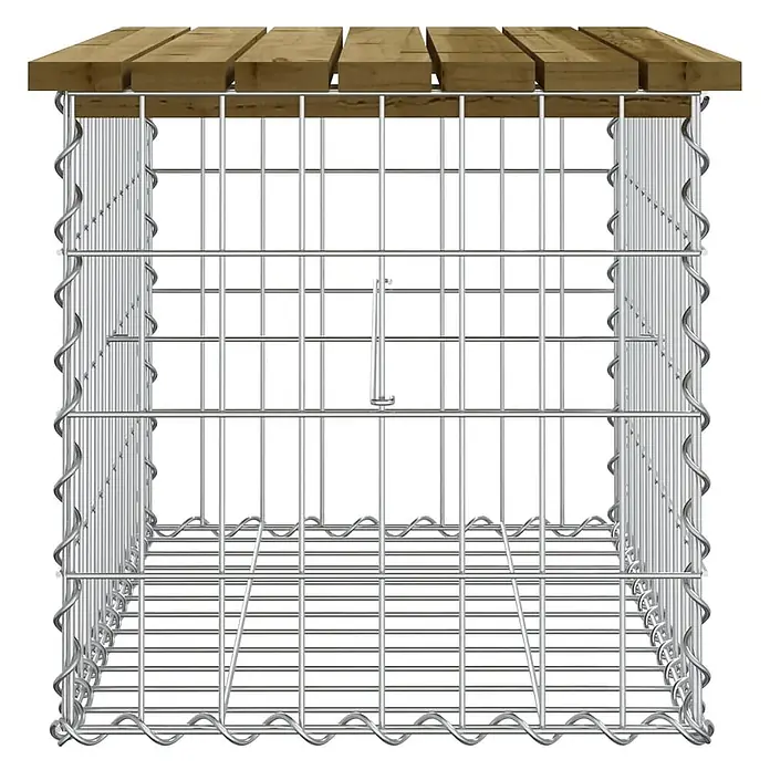 Furnicato Gartenbank Kiefernholz imprägniert - B x T x H: 63 x 44 x 42 cm, Imprägniertes Kiefernholz - Silberner Gabionenkorb aus Metall mit brauner Holzlattenabdeckung, ideal für Gartengestaltung.