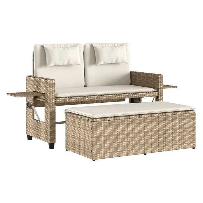 Furnicato Gartenbank PE-Rattan - B x T x H: 122 x 102 x 60 cm, Beige und Creme - Hellbraunes Rattan-Gartensofa (2-Sitzer) mit cremefarbenen Kissen, ausziehbaren Tischen und passender Aufbewahrungsottomane.