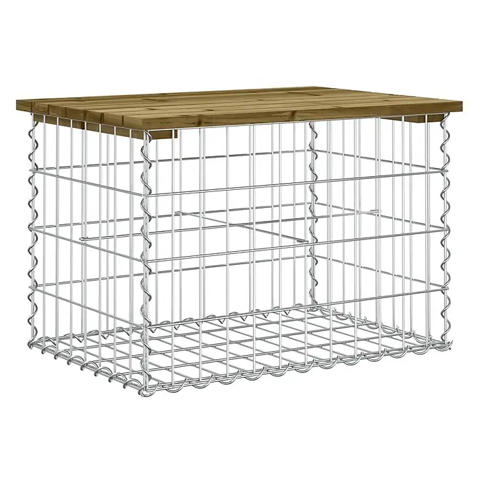 Furnicato Gartenbank Kiefernholz imprägniert - B x T x H: 63 x 44 x 42 cm, Imprägniertes Kiefernholz - Gabionenkorb aus silbernem Drahtgeflecht mit brauner Holzlamellenplatte, für den Außenbereich geeignet.