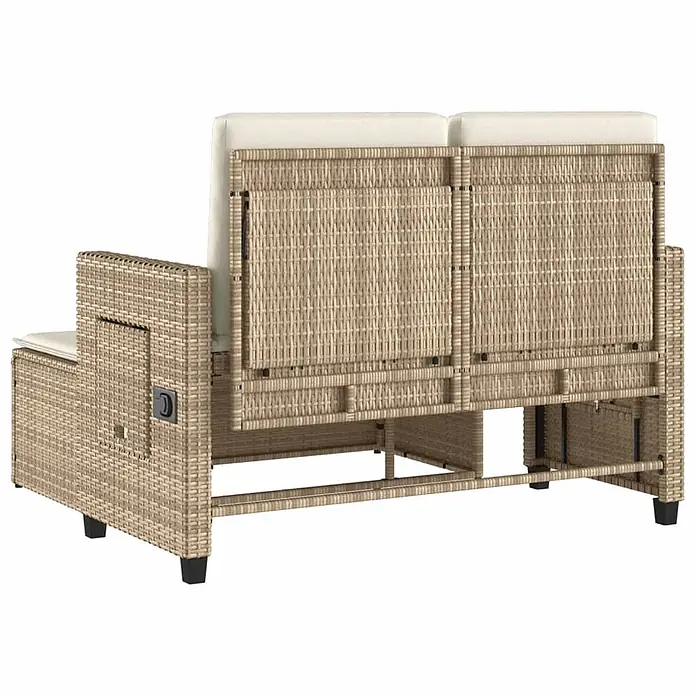 Furnicato Gartenbank PE-Rattan - B x T x H: 122 x 102 x 60 cm, Beige und Creme - Hellbraunes Outdoor-Sofa in Rattan-Optik mit cremefarbenen Kissen und integriertem Seitenfach.