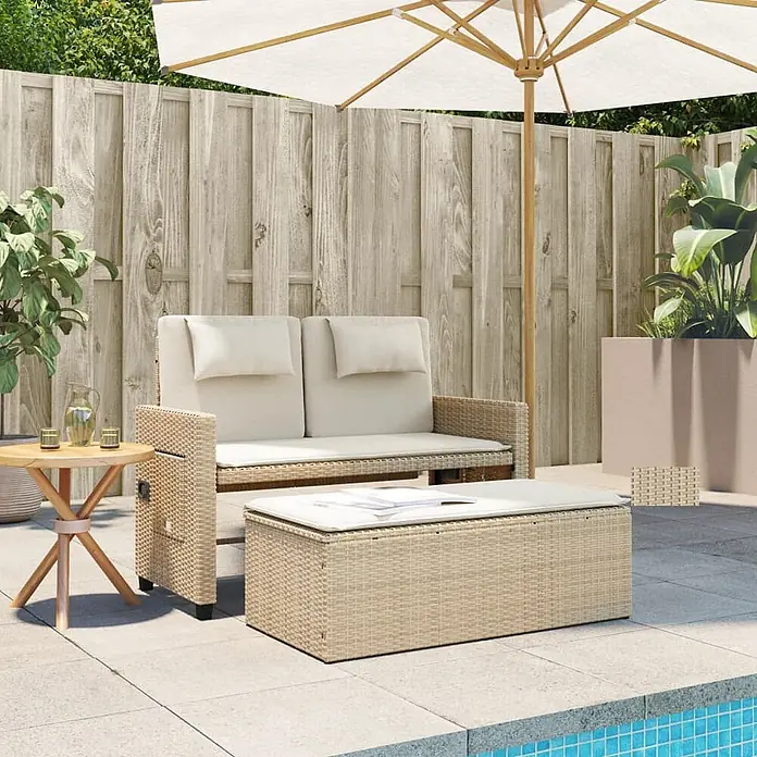 Furnicato Gartenbank PE-Rattan - B x T x H: 122 x 102 x 60 cm, Beige und Creme - Helles beiges Rattan-Gartenmöbelset mit Zweisitzer-Sofa, Couchtisch und kleinem Beistelltisch.