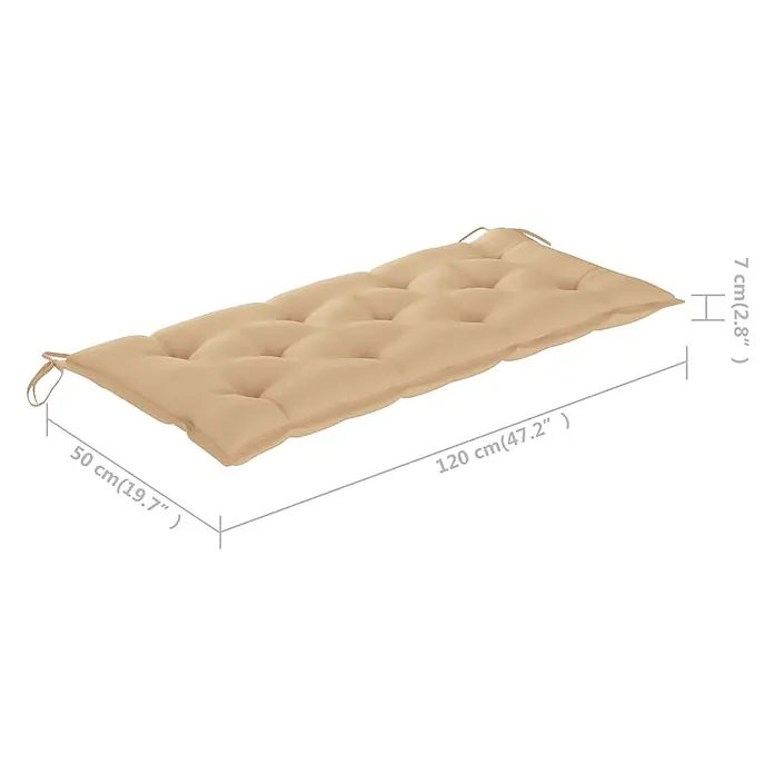 Furnicato Gartenbank Akazienholz geölt - B x T x H: 58 x 120 x 90 cm, Beige - Beiges, getuftetes Bankkissen mit Bändern, 120x50x7 cm.
