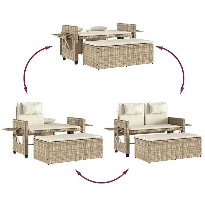 Furnicato Gartenbank PE-Rattan - B x T x H: 122 x 102 x 60 cm, Beige und Creme - Beiges Rattan-Modul-Gartenset mit cremefarbenen Kissen, wandelbar in Liege, Zweiersofa und Aufbewahrungsbank.