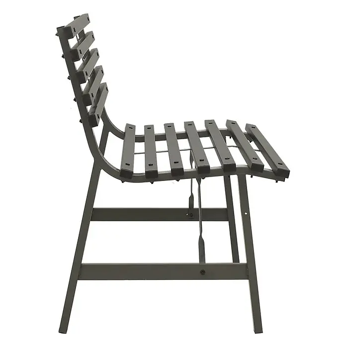 Furnicato Gartenbank pulverbeschichtet - B x T x H: 110 x 59 x 76,5 cm, Schwarz - Dunkelgrauer Lamellenstuhl aus Metall für den Außenbereich, seitlich gesehen, mit geschwungener Rückenlehne und leicht geneigter Sitzfläche.