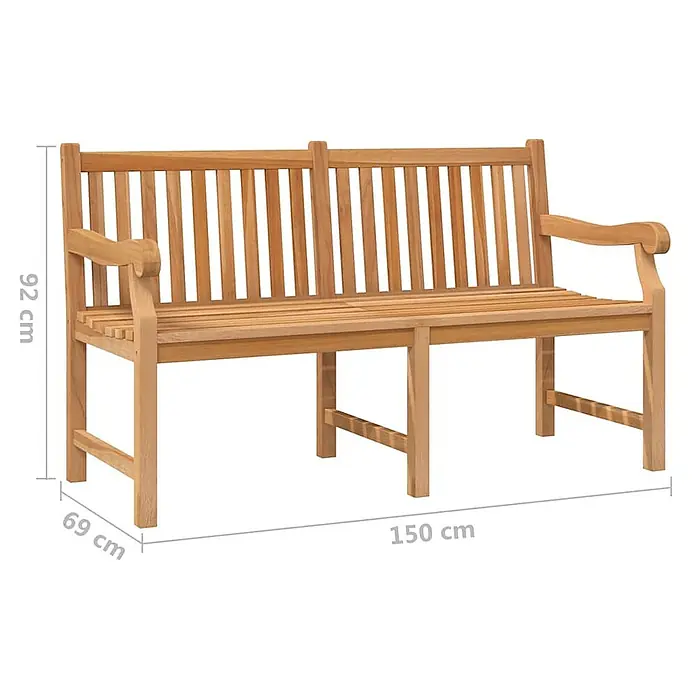 Furnicato Gartenbank Teak-Hartholz - B x T x H: 150 x 69 x 92 cm, Braun - Hellbraune Gartenbank aus Holz mit Lattenrostsitz und Rückenlehne sowie geschwungenen Armlehnen.