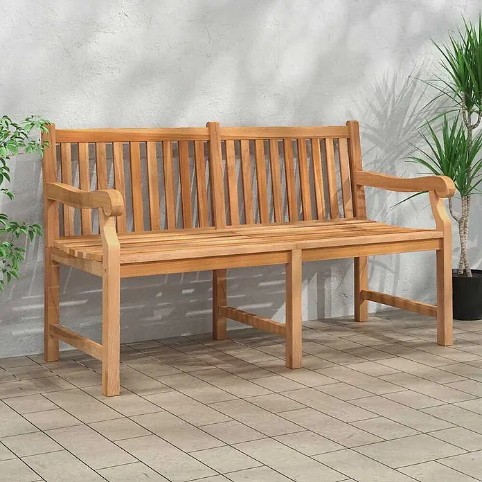 Furnicato Gartenbank Teak-Hartholz - B x T x H: 150 x 69 x 92 cm, Braun - Helle Holzbank für zwei Personen mit Lattenrückenlehne und Armlehnen.