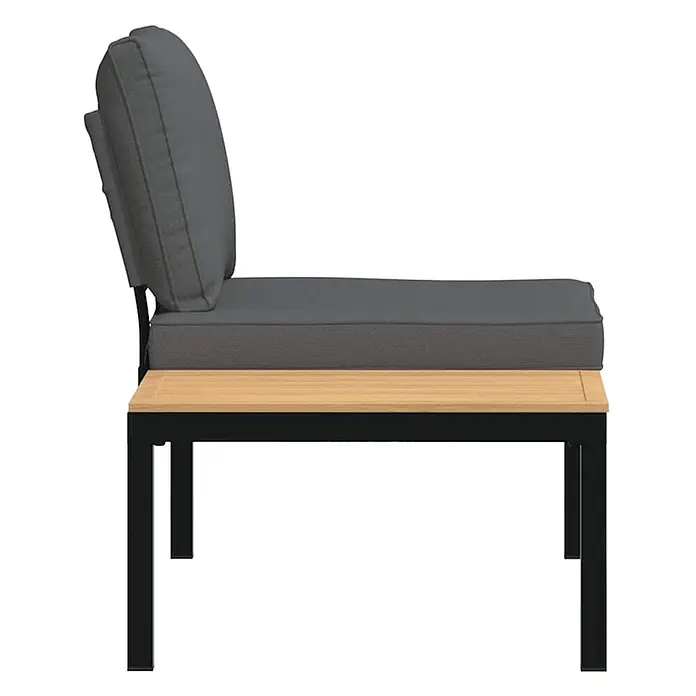 Furnicato Gartenbank pulverbeschichtetes Aluminium - B x T x H: 110 x 73 x 73 cm, Schwarz - Seitenansicht eines Garten-Loungestuhls mit dunkelgrauen Kissen, natürlicher Holzplatte und schwarzen Metallbeinen.