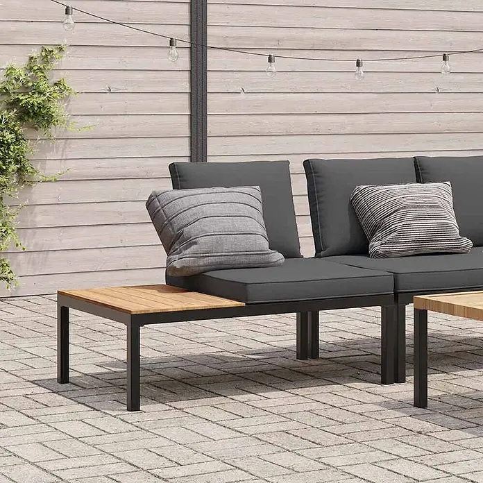 Furnicato Gartenbank pulverbeschichtetes Aluminium - B x T x H: 110 x 73 x 73 cm, Schwarz - Modulares, dunkelgraues Outdoor-Sofa mit schwarzem Rahmen und integriertem Holztisch.