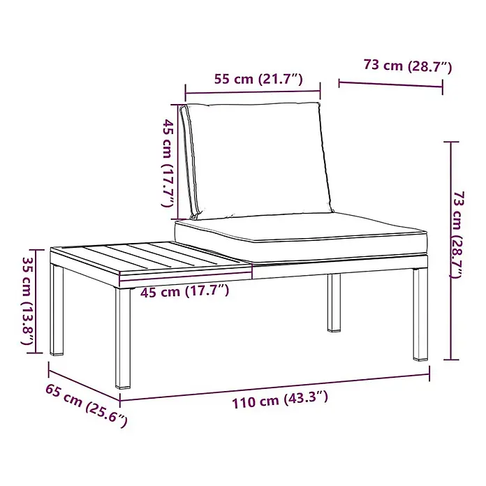 Furnicato Gartenbank pulverbeschichtetes Aluminium - B x T x H: 110 x 73 x 73 cm, Schwarz - Liegestuhl mit integriertem Beistelltisch, Maße dargestellt.