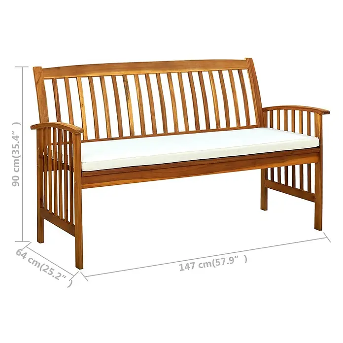 Furnicato Gartenbank Akazien-Massivholz - B x T x H: 147 x 64 x 90 cm, Creme - Gartenbank aus Holz mit weißem Kissen, Maße 147x64x90 cm.