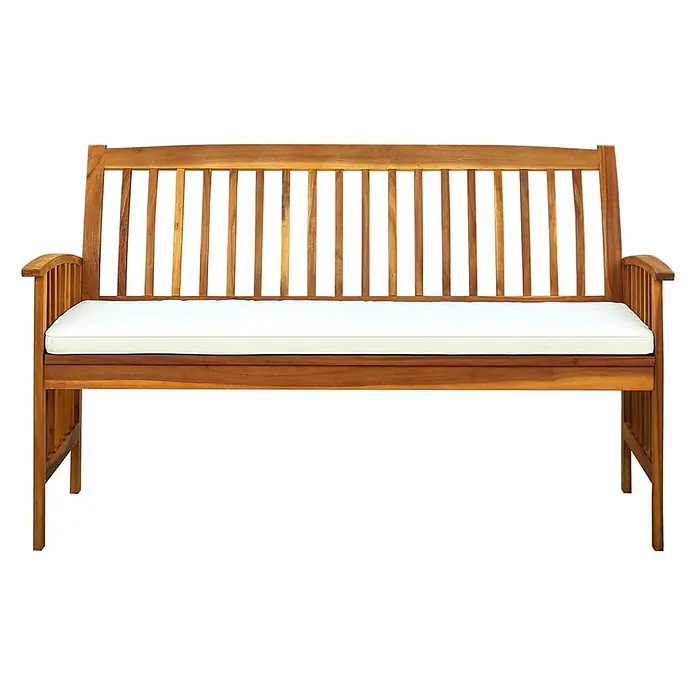 Furnicato Gartenbank Akazien-Massivholz - B x T x H: 147 x 64 x 90 cm, Creme - Holz Gartenbank mit Lattenrückenlehne und Armlehnen, mit weißem Sitzkissen.