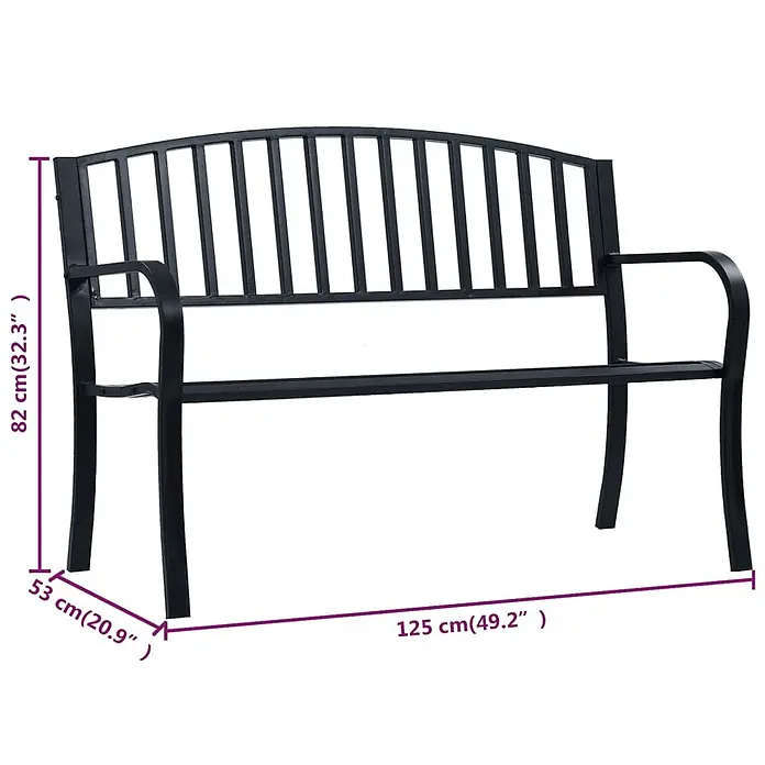 Furnicato Gartenbank Stahl - B x T x H: 125 x 53 x 82 cm, Schwarz - Schwarze Metallgartenbank mit Rückenlehne und Armlehnen, 125 cm breit, 82 cm hoch, 53 cm tief.
