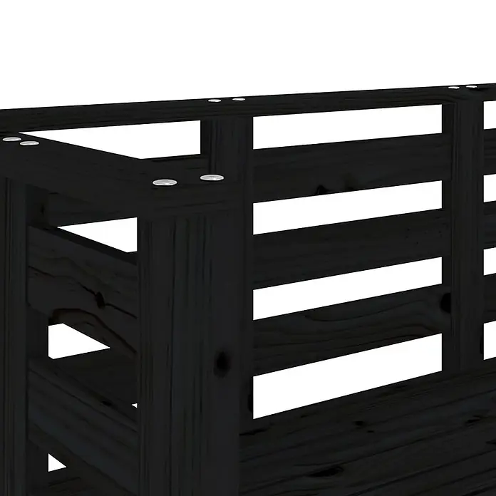 Furnicato Gartenbank Kiefernholz-Massivholz - B x T x H: 111,5 x 53 x 71 cm, Schwarze Kiefer - Eckansicht eines dunklen Lattenholzrahmens mit sichtbaren silbernen Befestigungen.
