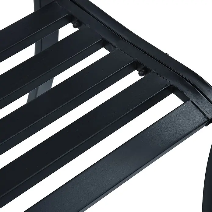 Furnicato Gartenbank Stahl - B x T x H: 125 x 53 x 82 cm, Schwarz - Nahaufnahme von schwarzen Metalllatten mit sichtbaren Schrauben, die eine robuste Oberfläche oder einen Rahmen bilden.