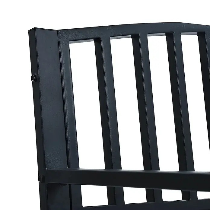 Furnicato Gartenbank Stahl - B x T x H: 125 x 53 x 82 cm, Schwarz - Nahaufnahme einer schwarzen Metallstuhl-Rückenlehne mit vertikalen Latten und Befestigungspunkten.