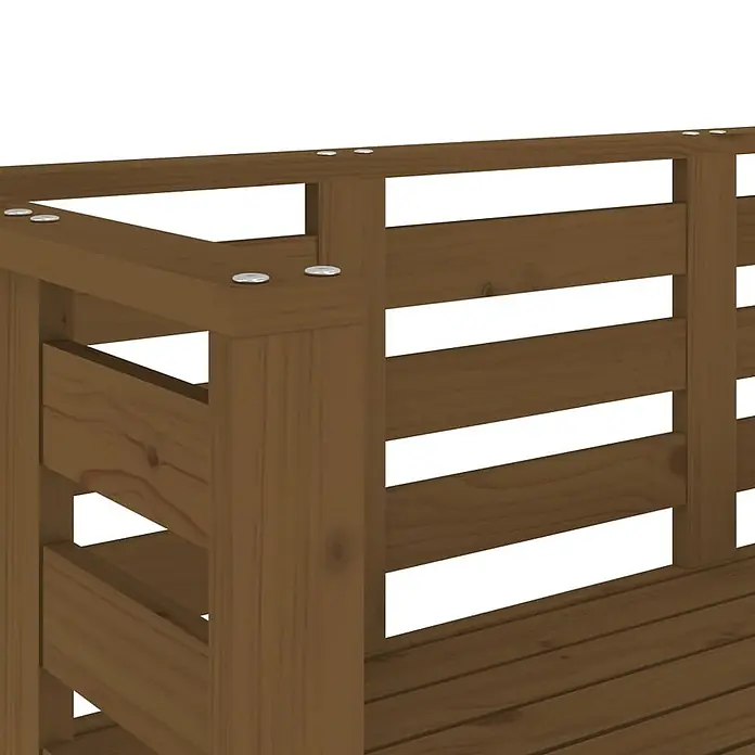 Furnicato Gartenbank - Honigbraune Kiefer - Braunes Hochbeet aus Holzlatten mit sichtbaren Metallbefestigungen am oberen Rand.