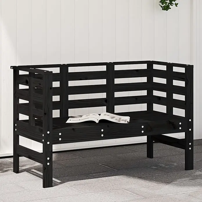 Furnicato Gartenbank Kiefernholz-Massivholz - B x T x H: 111,5 x 53 x 71 cm, Schwarze Kiefer - Schwarze Gartenbank aus Holz mit offenem Buch auf der Sitzfläche.