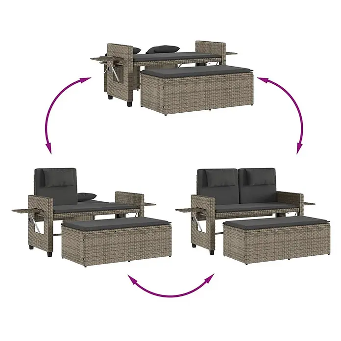 Furnicato Gartenbank PE-Rattan - B x T x H: 122 x 102 x 60 cm, Grau - Wandelbares graubraunes Rattan-Gartenmöbelset mit dunklen Kissen, verwandelt sich von einer Liege in ein Zweisitzer-Sofa mit Ottomane.