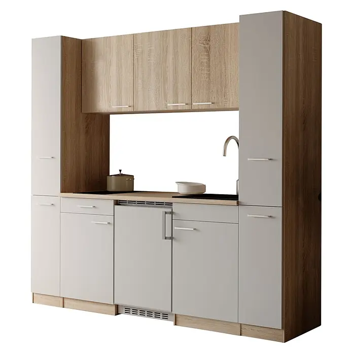 Respekta Küchenzeile Ingrid - Breite: 210 cm, Weiß, Mit Kochfeld + Kühlschrank - Moderne Küchenzeile mit hellen Holzoptik-Oberschränken, hellgrauen und weißen Unterschränken, passender Arbeitsplatte, Spüle und Kochfeld.