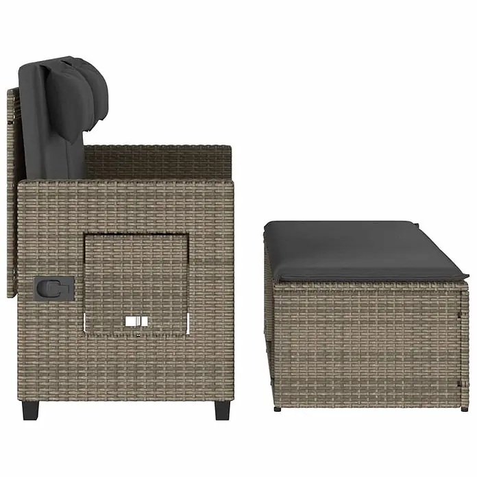 Furnicato Gartenbank PE-Rattan - B x T x H: 122 x 102 x 60 cm, Grau - Hellbrauner Rattan-Gartensessel mit verstellbarer Rückenlehne und passender Ottomane, beide mit dunkelgrauen Kissen.