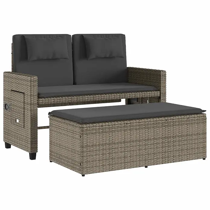Furnicato Gartenbank PE-Rattan - B x T x H: 122 x 102 x 60 cm, Grau - Helles braunes Polyrattan-Outdoor-2-Sitzer-Sofa mit dunkelgrauen Kissen und passendem Hocker.