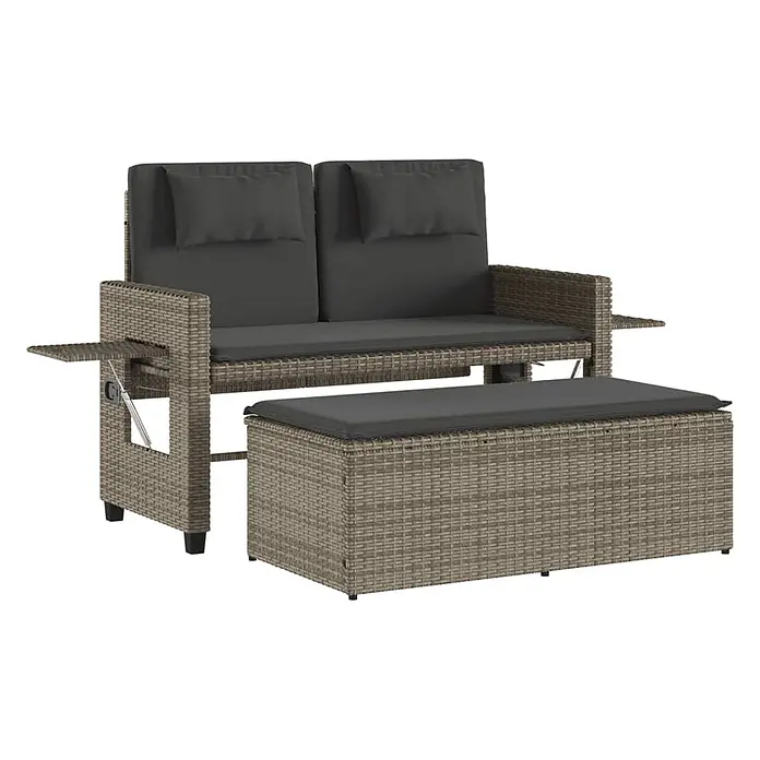 Furnicato Gartenbank PE-Rattan - B x T x H: 122 x 102 x 60 cm, Grau - Graues Polyrattan-Gartensofa mit klappbarem Beistelltisch und passender Aufbewahrungsbank mit dunkelgrauen Kissen.