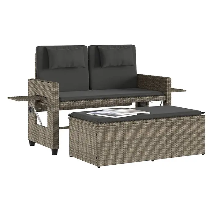 Furnicato Gartenbank PE-Rattan - B x T x H: 122 x 102 x 60 cm, Grau - Braunes Rattan 2-Sitzer Outdoor-Sofa mit dunkelgrauen Kissen, ausziehbarem Beistelltisch und passender Aufbewahrungsbank.