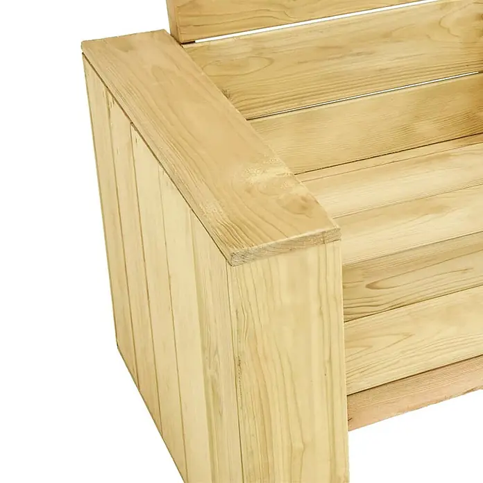 Furnicato Gartenbank Kiefernholz imprägniert - B x T x H: 76 x 179 x 76 cm, Braun - Detailansicht einer Armlehne und des Sitzbereichs eines hellen Lattensofas aus Holz für den Außenbereich.