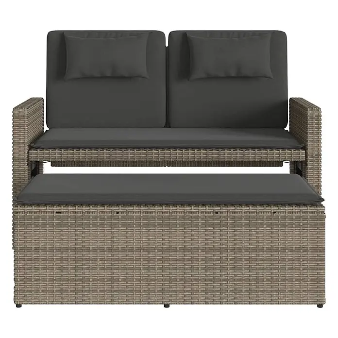 Furnicato Gartenbank PE-Rattan - B x T x H: 122 x 102 x 60 cm, Grau - Zweisitzer-Gartensofa aus hellbraunem Rattan mit dunkelgrauen Kissen und ausziehbarer Fußstütze.
