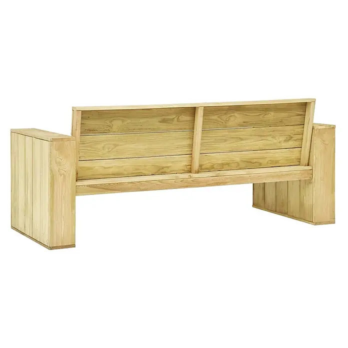 Furnicato Gartenbank Kiefernholz imprägniert - B x T x H: 76 x 179 x 76 cm, Braun - Rückansicht einer hellen Holzgartenbank mit Lattenrückenlehne und massiven Armlehnen.