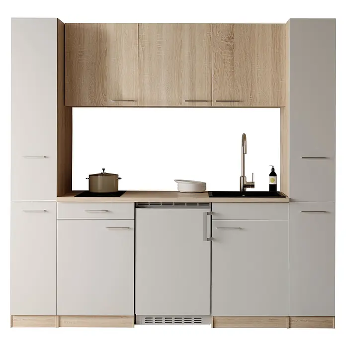 Respekta Küchenzeile Ingrid - Breite: 210 cm, Weiß, Mit Kochfeld + Kühlschrank - Moderne Küchenzeile mit hellen Holz-Oberschränken und weißen Unter-/Hochschränken, Spüle, Kochfeld und Geschirrspüler.