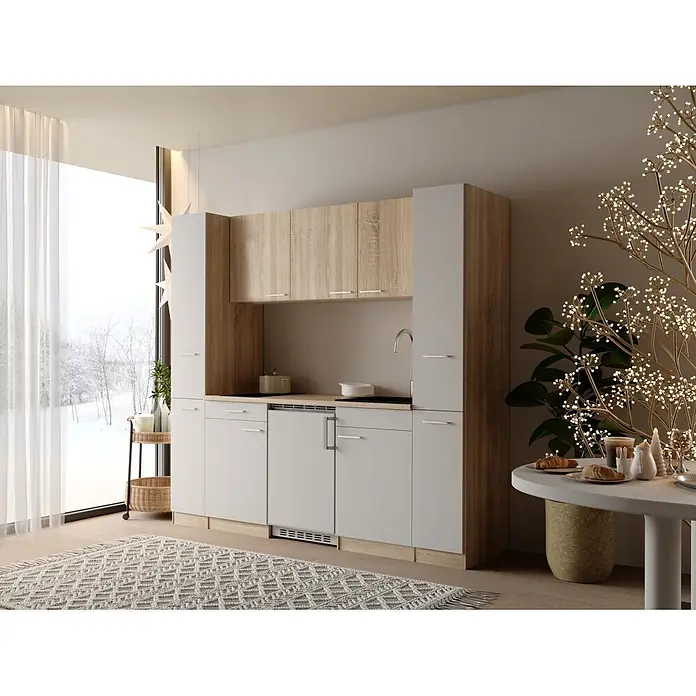 Respekta Küchenzeile Ingrid - Breite: 210 cm, Weiß, Mit Kochfeld + Kühlschrank - Kompakte Küchenzeile mit weißen und hellen Holzschränken, integriertem Kochfeld, Spüle und Kühlschrank für kleine Räume.