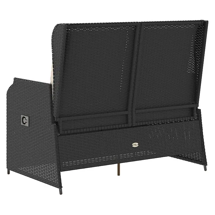 Furnicato Gartenbank Poly-Rattan - B x T x H: 104 x 110 x 95 cm, Schwarz und Cremeweiß - Schwarzes Outdoor-Sofa aus Polyrattan mit hoher Rückenlehne und hellem Kissen, von hinten-seitlich gesehen.